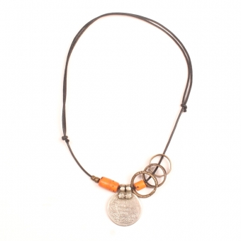 Collier Necklace banjara coin bondo bronze bronzen ring naga glass beads glaskralen oranje orange